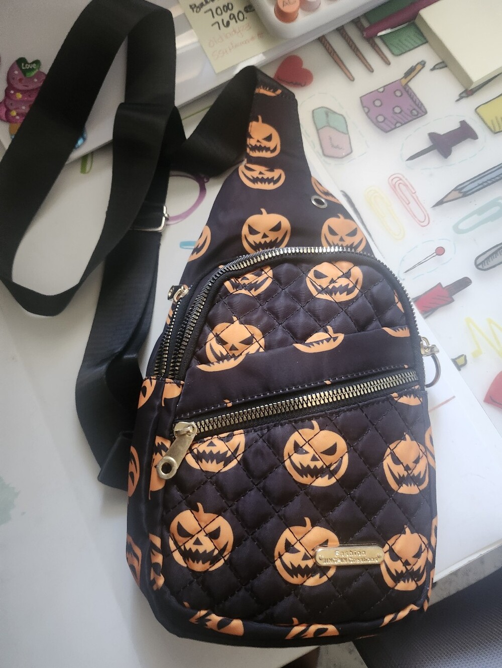 Halloween Pumpkin Print Crossbody Sling Bag - Black & Orange